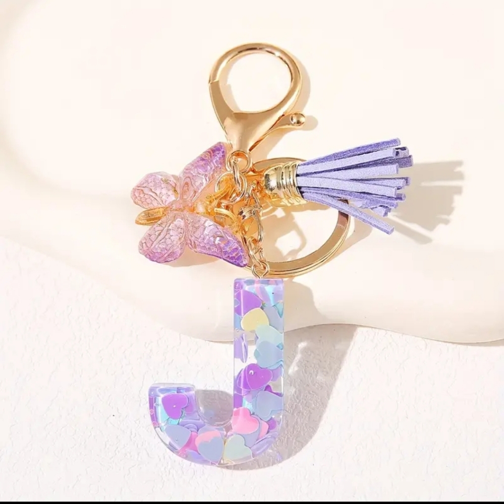 NEW! Resin Letter "J" Initial Keychain Purse Charm w/ Ombre Butterfly & Tassel
